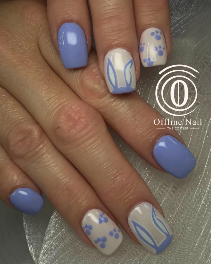Blue and white striped and floral nail art