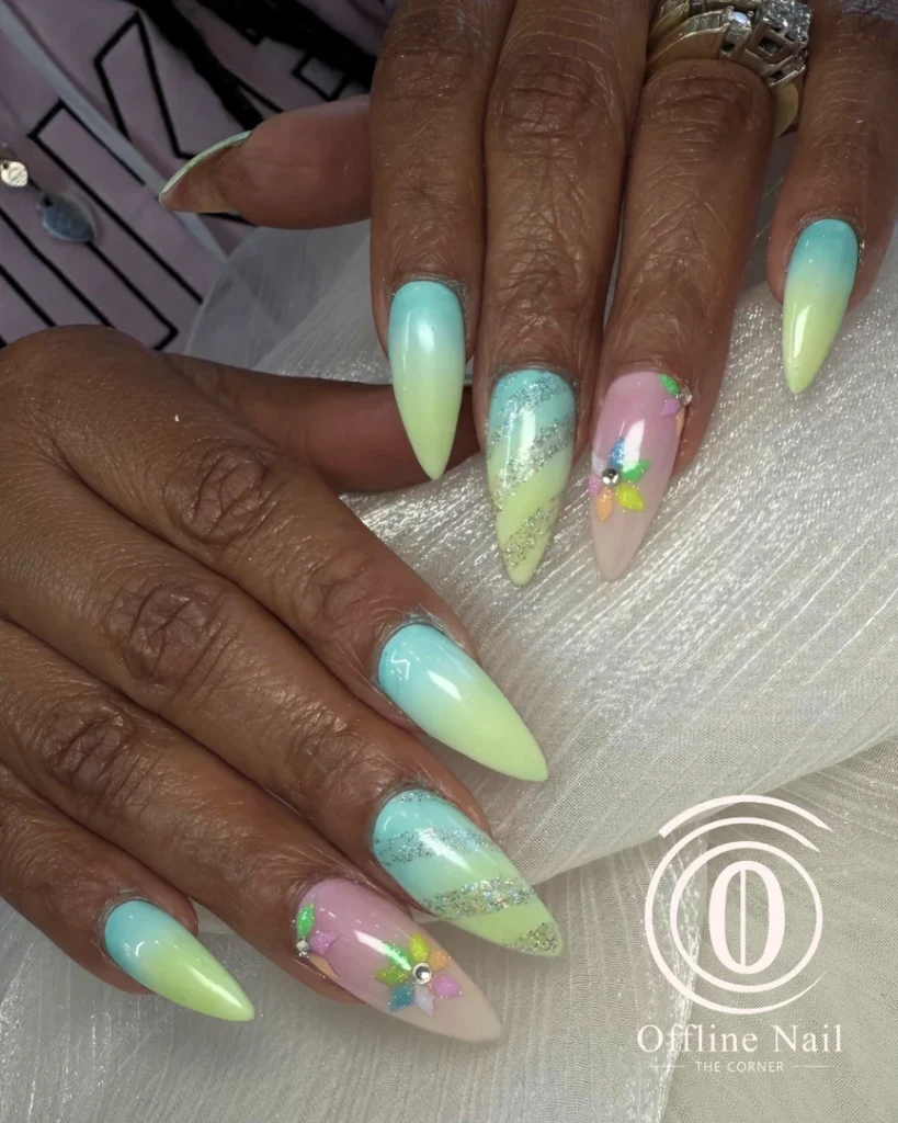 Long almond nails in soft pastel colors