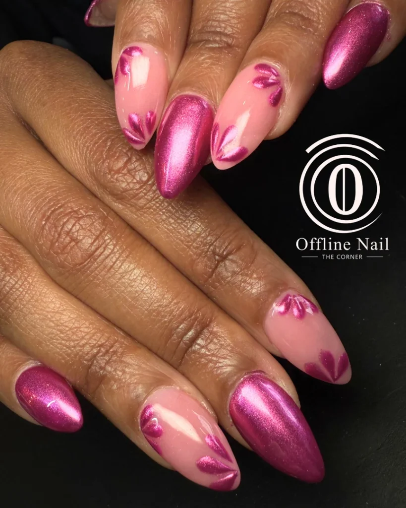 Pink chrome nails with reflective accents