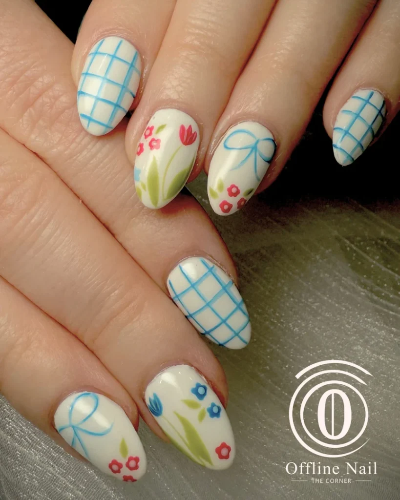 Pastel checked and floral nail designs